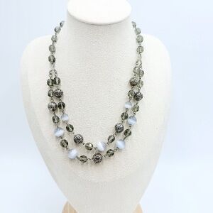 Tiger Eye Stone & Crystal Beaded Double-Strand Necklace Silver Filigree Accents